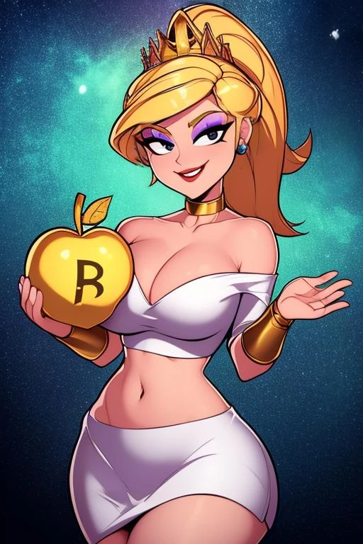 Eris, blonde hair ,makeup ,long hair ,solo ,blue eyes ,ponytail , black eyes, cowboy shot, smile,
Edress, gold choker, silver tiara ,white skirt, cleavage, midriff, off shoulder, gold bands, holding golden apple,
(insanely detailed, beautiful detailed face, masterpiece, best quality), <lora:Eris-09:0.7>