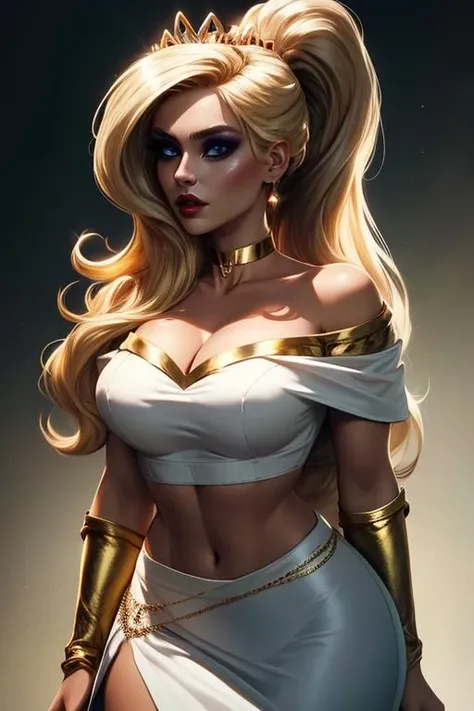 blonde hair ,makeup ,long hair ,solo ,eyeshadow ,blue eyes ,ponytail , black eyes, cowboy shot,
Edress, gold choker, silver tiara ,white skirt, cleavage, midriff, off shoulder, gold bands,
(insanely detailed, beautiful detailed face, masterpiece, best quality), <lora:Eris-08:0.7>