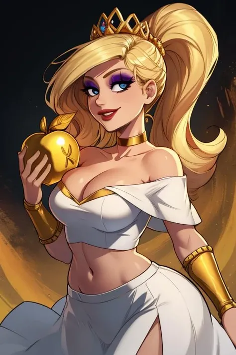 Eris, blonde hair ,makeup ,long hair ,solo ,blue eyes ,ponytail , black eyes, cowboy shot, smile,
Edress, gold choker, silver tiara ,white skirt, cleavage, midriff, off shoulder, gold bands, holding golden apple,
(insanely detailed, beautiful detailed face, masterpiece, best quality), <lora:Eris-09:0.7>