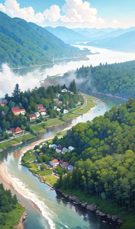 (from above:1.3), masterpiece, no humans, forest, long trees, secuoya, fog, 4k, best quality, fantasy village, river,