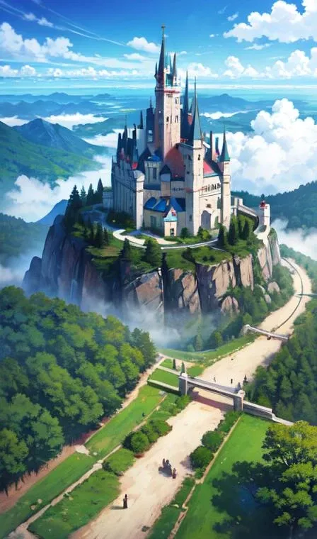 (from above:1.3), masterpiece, no humans, forest, long trees, secuoya, fog, 4k, best quality, fantasy castle, waterfall, mountain,