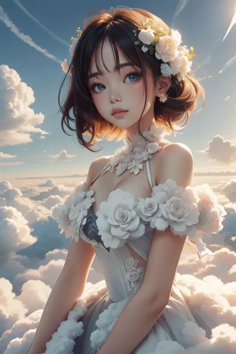 Fairytales，youn  girl floating in the clouds, beautifull puffy clouds，Cloud wraps girl，Clothes made of clouds，Dark clouds surround the girl's hallucination, big boobs, Super detailed,extremely detailed and beautiful, Sky and white clouds and sunset glow background,ultra - detailed, (Floating petals) imagination, Dream ，(Girl floating in the city:1.3), (1 girl away from the camera:1.2), (super wide shot), Holy light, White dress, (full bodyesbian), Bare feet, Solo