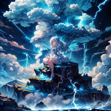 (masterpiece,ultra-detailed,best quality,8K,illustration,shaved:1.2),(petite girl:1.5) <lora:add_detail:1.4>, <lora:edgThunderCloud:0.8> edgTCloud, a woman wearing a dress made of thunder clouds ,wearing edgTCloud,hair ornament,(glowing eyes,glowing hair:1.1),(lightning,magic:1.6),(cloud dress,electric shock:1.4),(thunder girl,thunder hair:1.1),sittin on rock,cloud,sky
