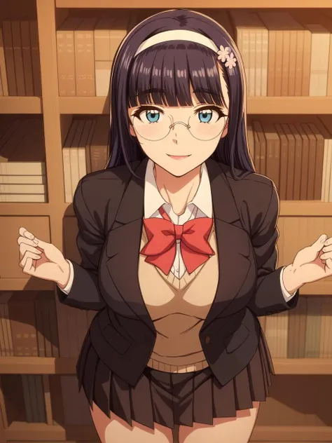 ((Upper body close-up:1.5))、(Big Breasts,Cleavage:2.0),Anna Yamada,gigantic breasts,smile、(naked:1.9)、(Are standing)、(in library room)、Bookshelf、(Wearing a collar:1.5)、Earrings、Earrings、bracelet,(Delicate facial features:1.5)、(masterpiece, Highest quality, High resolution, Super detailed, 8K, 4K),(Put your hands behind your head:1.5),ponytail,ヘソEarrings,(Beautiful Face:1.5),navel piercing,(Steam coming out of the sides:1.5),(nsfw)、My body is wet、Show off your armpits,Spread Armpit、Absurd、Highest quality, (Volupture:1.5)、Wearing glasses、looks happy