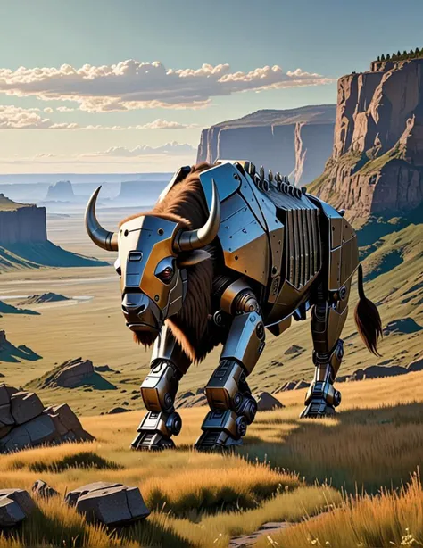 in an expansive landscape with cliffs and grazing bison, a massive, metallic robot stands amidst nature and blends sci fi and pastoral settings., <lora:sdxl_lightning_8step_lora.safetensors:0.9>