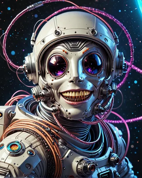mischievous cyborg astronaut with tangle of sparkling wires and a grin that's out of this world, <lora:sdxl_lightning_8step_lora.safetensors:0.9>