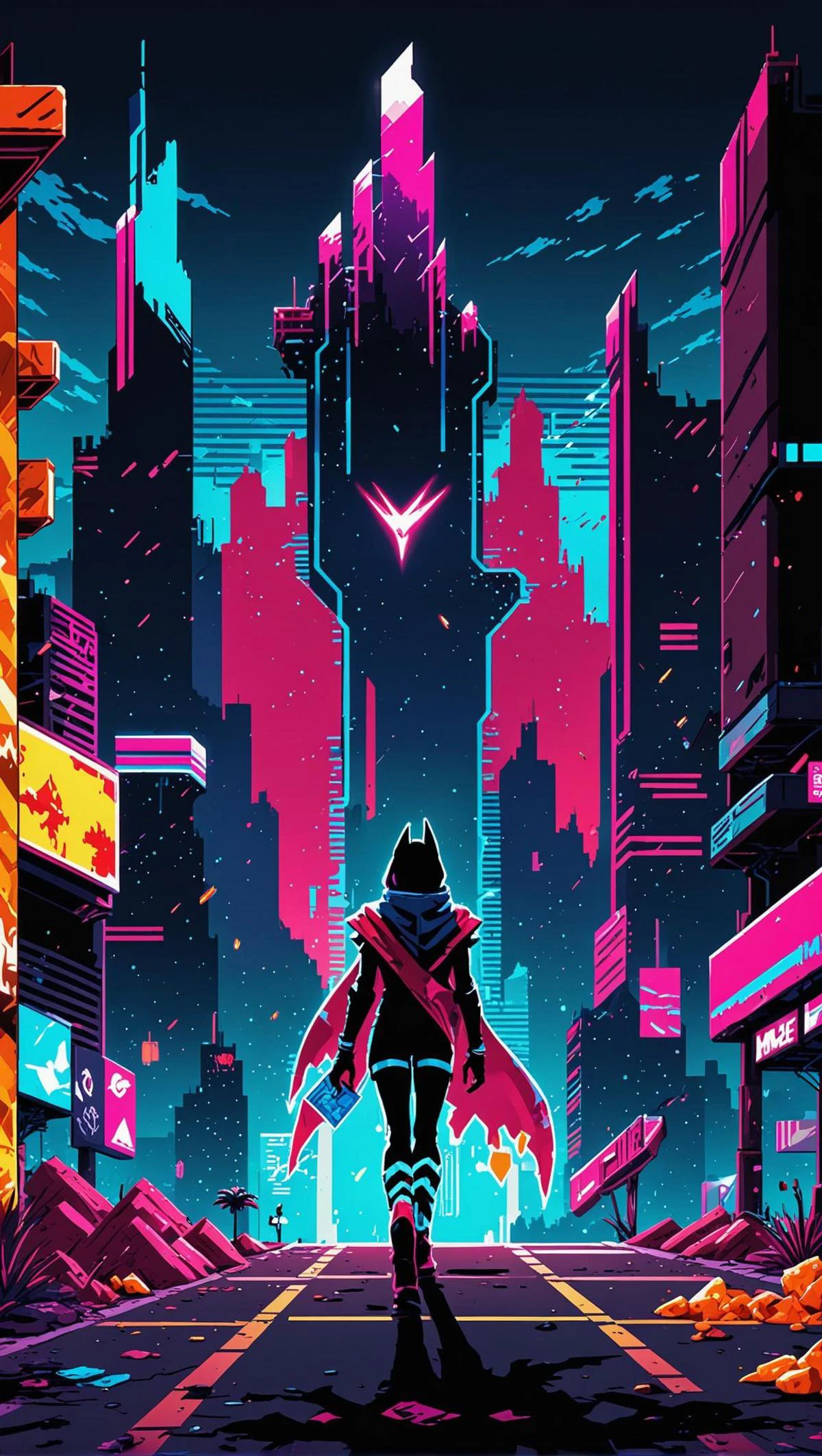 hyper light drifter video game style, pixel art, neon colors, retro futuristic, detailed hands_up (blue sky:1, empty sidewalk of a cyberpunk megacity, candy corn, black tight inner, her blue eyes sparkle with determination and excitement for what lies ahead, <lora:sdxl_lightning_8step_lora.safetensors:0.7>