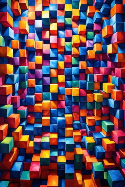 a colorful wall of cubes, a cubist painting by gabriel dawe, behance, neo fauvism, vibrant colourful background, cubic blocks, abstract blocks, <lora:sdxl_lightning_8step_lora.safetensors:0.7>