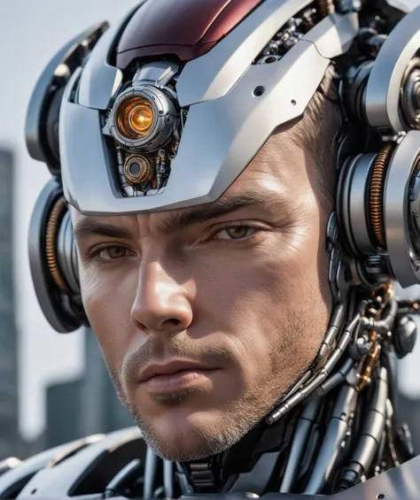 far mecha cyborg with the head of a man, hyperrealism, photorealism, photo, closeup