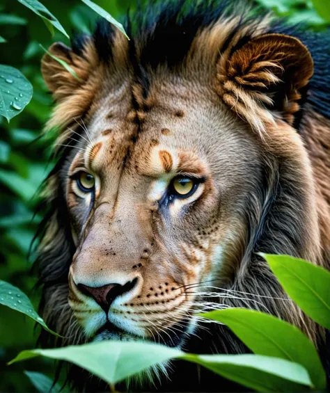 lion, hiding in the leaves, black dragon, shiny scales, ((rain)), zazie rainyday, beautiful eyes, macro shot, colorful details, natural lighting, amazing composition, subsurface scattering, velus hairs, amazing textures, filmic, soft light