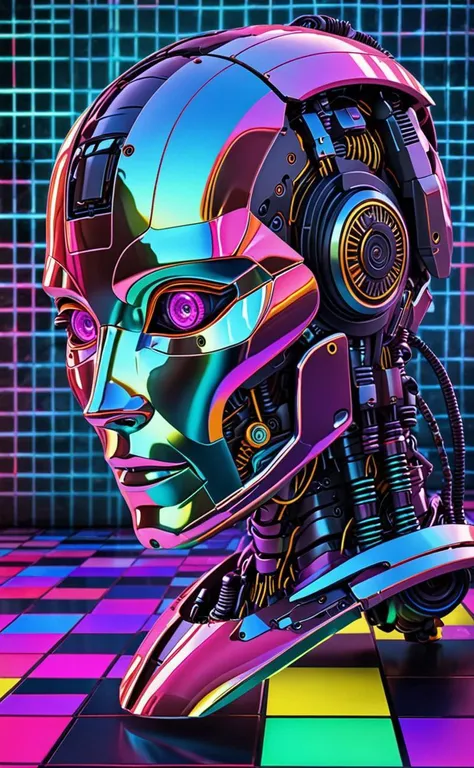 a metallic, robotic styled humanoid head fills this digital art piece set against a grid patterned floor; the work includes a vibrant, neon color palette & futuristic vehicles float above. a humorous text quote completes the composition., <lora:sdxl_lightning_8step_lora.safetensors:0.9>