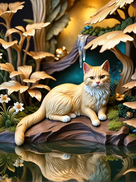 blonde with a commanding presence and elegant, large diorama, this image beautifully encapsulates a moment of calmness and relaxation shared between the sleeping cat and its surroundings., wavy brown hair, with a miniature indoor lake, gold elements, <lora:sdxl_lightning_8step_lora.safetensors:0.6>