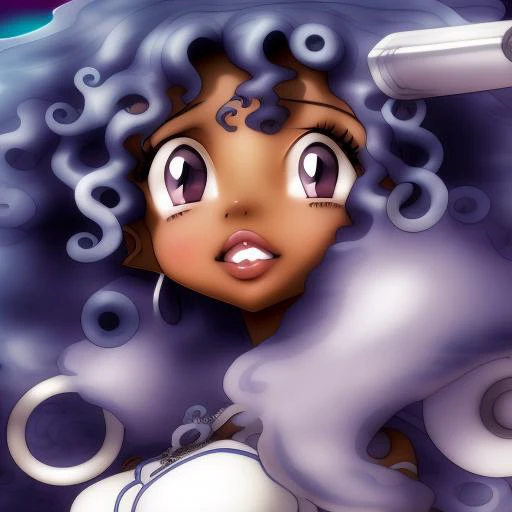 curly hair black anime waifu black-waifu musume fanart, a drawing of a dark-skinned anime waifu with natural curly 4c afro hair, danbooru anime key visual