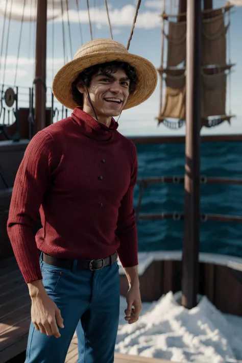 inakigodoy, luffy, a man wearing a straw hat on a pirate ship, smiling, laughing, wearing a red shirt, full body <lora:inakigodoy:1>