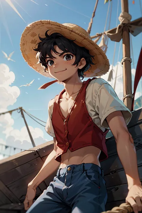 inakigodoy, luffy, a man, smiling <lora:inakigodoy:1> red shirt, blue jeans, wearing a straw hat, in a pirate ship, daylight