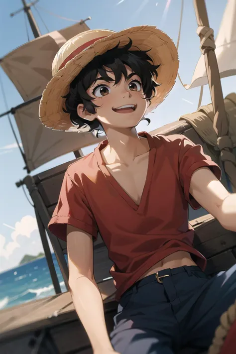 inakigodoy, luffy, a man wearing a straw hat on a pirate ship, smiling, laughing, wearing a red shirt <lora:inakigodoy:1>