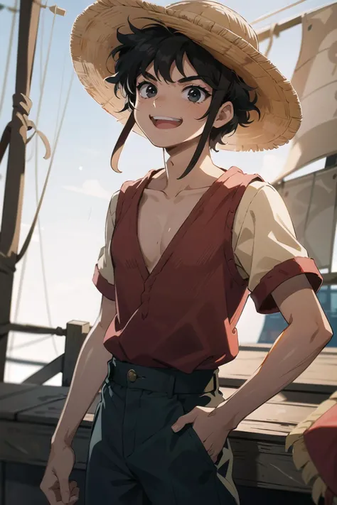 inakigodoy, luffy, a man wearing a straw hat on a pirate ship, smiling, laughing, wearing a red shirt <lora:inakigodoy:1>