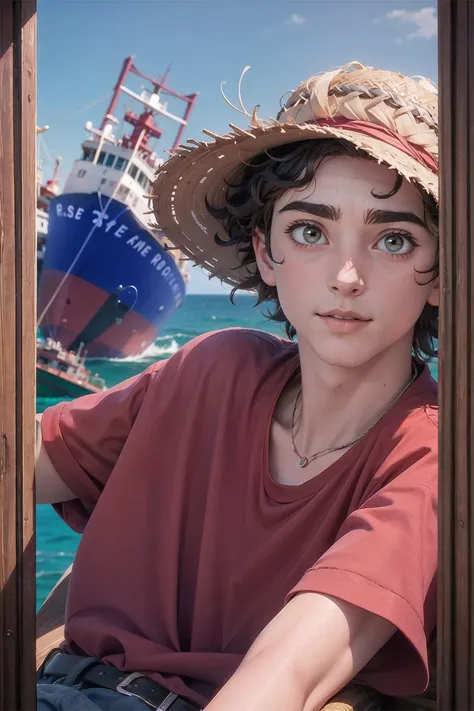 manga style,<lora:TimotheeDoguV1:0.9> portrait shot of timothee chalamet, parted lips, red shirt, pleased, (wearing straw hat:1.2), looking at viewer, ocean, on boat, (cargo ship:1.2) approaching, vivid colors, high quality,