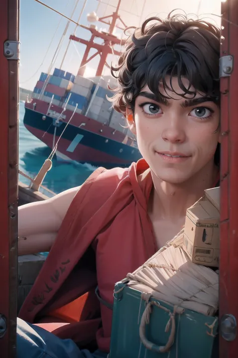 manga style,<lora:inakigodoy:1> portrait shot of  [luffy | inakigodoy], parted lips, red shirt, pleased, straw hat, looking at viewer, ocean, sitting on fishing Flats boat, arm reaching toward viewer, (cargo ship:1.2) approaching,  vivid colors, high quality,