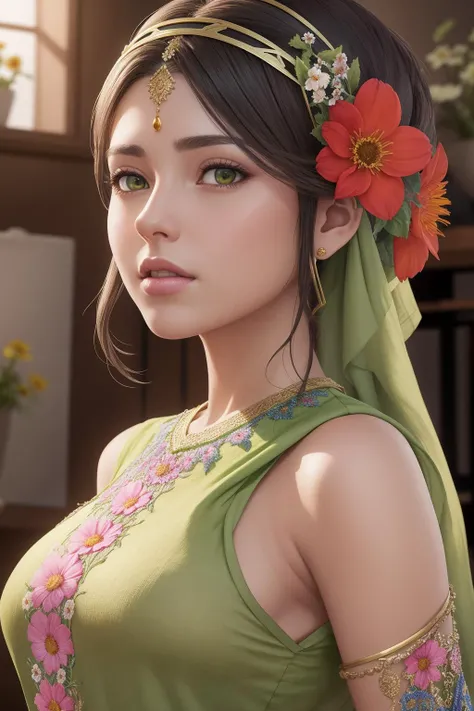 ultra realistic cg, octane render, studio photo, sharp focus, realistic, a stunning woman, edgMeso, a woman in a green tunic, flowers, wearing edgMeso clothing, with a shawl, with a headband, <lora:edgMesopotamian_Fusion:0.85>,