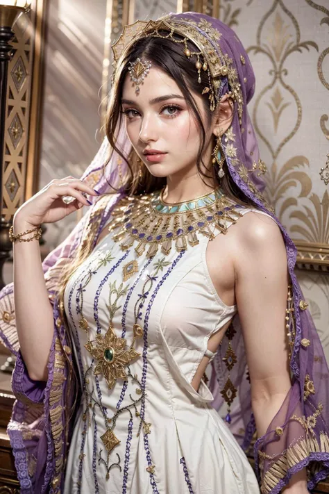 (realistic:1.3), finely detailed, quality, rembrandt lighting, (masterpiece:1.2), (photorealistic:1.2), (best quality), (detailed skin:1.3), (intricate details), dramatic, ray tracing, 1girl, arabian girl, 21 years old, detailed skin texture, (blush:0.5), (goosebumps:0.5), subsurface scattering, smiling, medium breasts, edgMeso, purple dress, shawl, embroidery, wearing edgMeso clothing, cowboy shot, (bright sunny day, high fashion, professional fashion photography),  <lora:edgMesopotamian_Fusion:1>