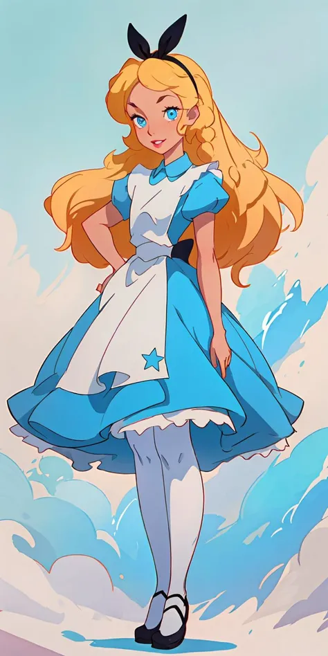 (best quality), (masterpiece), colorful, hires, high resolution, perfect detailed face, detailed eyes, thick gal, <lora:alice_liddell_v2:0.9>, alice liddell, blue dress, black hairband, blonde hair, blue eyes, smile, white skin, small lips, slightly reddish lipstick, standing, full body, suggestive, parted lips, fine clothes, sexy, detailed eyes, tall girl, woman,