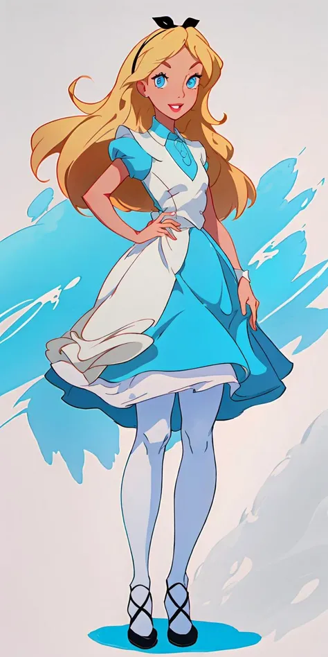 (best quality), (masterpiece), colorful, hires, high resolution, perfect detailed face, detailed eyes, thick gal, <lora:alice_liddell_v2:0.9>, alice liddell, blue dress, black hairband, blonde hair, blue eyes, smile, white skin, small lips, slightly reddish lipstick, standing, full body, suggestive, parted lips, fine clothes, sexy, detailed eyes, tall girl, woman,