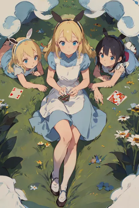 (masterpiece, best quality;1.3), extremely detailed , 1girl, looking at viewer, pov, Multiple_girls, 3girls, <lora:multipleGirlsGroup_v10:0.4>, group shot, nature, <lora:alice_liddell_v2:0.7>alice liddell,standing,blue dress, white apron, black hairband, blonde long hair, lying on
meadow,
playing cards, from above, rabbit <lora:animetarotV51:0.7> BLUE BACKGROUND,