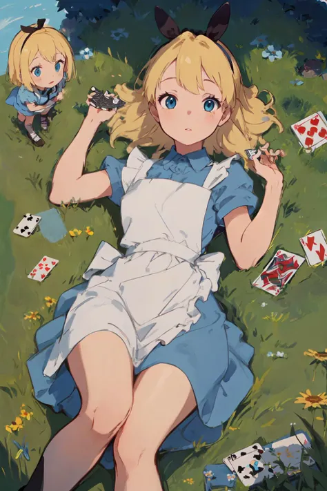 (masterpiece, best quality;1.3), extremely detailed , 1girl,  looking at viewer, pov, Multiple_girls, 3girls, <lora:multipleGirlsGroup_v10:0.4>, group shot, nature, <lora:alice_liddell_v2:0.7>alice liddell,standing,blue dress, white apron, black hairband, blonde long hair, lying on 
meadow,
playing cards, from above, rabbit <lora:animetarotV51:0.7> BLUE BACKGROUND,
