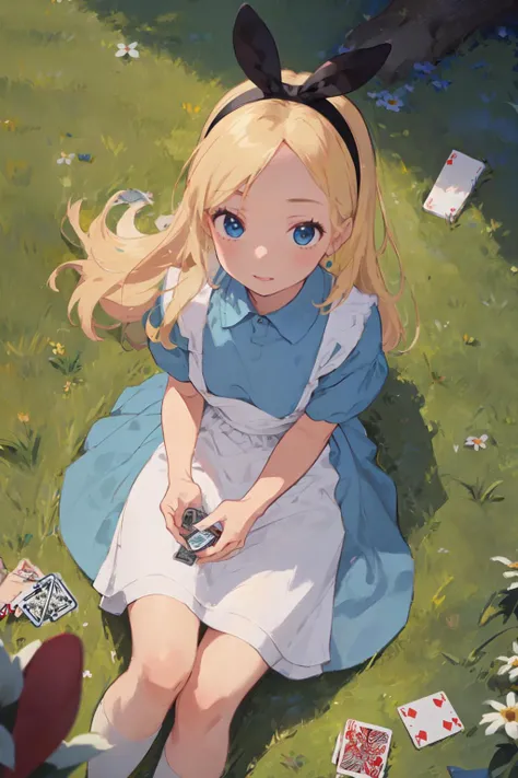 (masterpiece, best quality;1.3), extremely detailed , 1girl,  looking at viewer, pov, Multiple_girls, 3girls, <lora:multipleGirlsGroup_v10:0.4>, group shot, nature, <lora:alice_liddell_v2:0.7>alice liddell,standing,blue dress, white apron, black hairband, blonde long hair, lying on 
meadow,
playing cards, from above, rabbit
