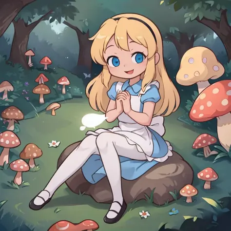 masterpiece, best quality,
forest, perspective, foreshortening, 
1girl, own hands together, happy, looking at viewer, sitting on mushroom, 
 <lora:alice_liddell_v2:0.7>  alice liddell, blue dress, white apron, black hairband, white legwear, black shoes, blonde hair,
<lora:ShroomPunkAI:0.4>,