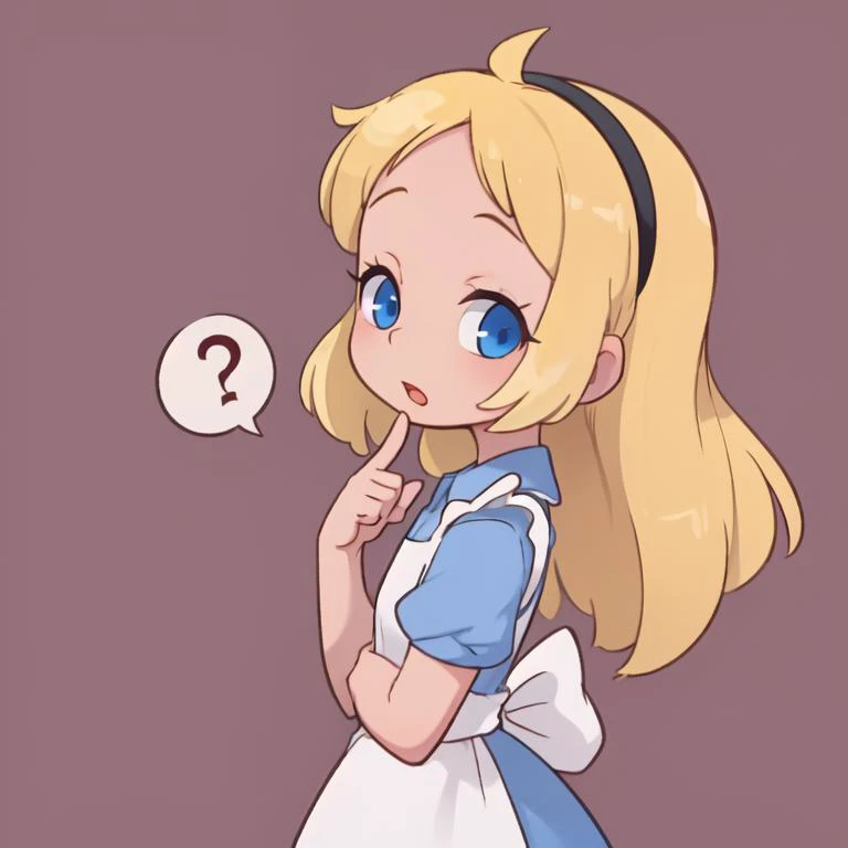 masterpiece, best quality,
pink background, spoken question mark, 
1girl, head tilt, finger to mouth, thinking, upper body, from side, looking at viewer,
 <lora:alice_liddell_v2:0.7>  alice liddell, blue dress, white apron, black hairband, blonde hair,