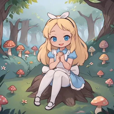 masterpiece, best quality,
forest, perspective, foreshortening, 
1girl, own hands together, happy, looking at viewer, sitting on mushroom, 
 <lora:alice_liddell_v2:0.7>  alice liddell, blue dress, white apron, black hairband, white legwear, black shoes, blonde hair,
<lora:ShroomPunkAI:0.4>,