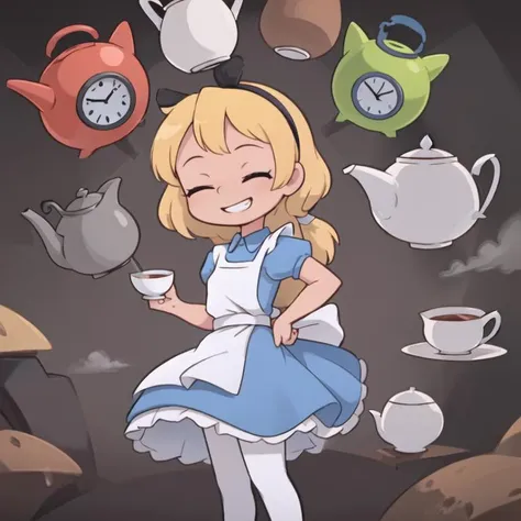 masterpiece, best quality,
simple background, 
1girl, cowboy shot, closed eyes, grin, hands on hips, flying teacups, flying kettles, flying clocks,
 <lora:alice_liddell_v2:0.7>  alice liddell, blue dress, white apron, black hairband, white legwear, blonde hair,