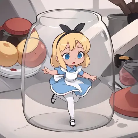 masterpiece, best quality,
1girl, full body, minigirl, (in jar:1.4), (in container:1.2), against glass, :o, trapped, wariza,
 <lora:alice_liddell_v2:0.7>  alice liddell, blue dress, white apron, black hairband, white legwear, black shoes, blonde hair,