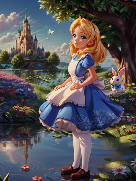 (masterpiece), (best quality), (extremely detailed), alice liddell, <lora:alice_liddell_v2:1>, blue dress, white apron, black hairband, white long socks, cute pose, in a flower garden, (pond), (((disney castle at the background))), (blue sky), (sunny day), 3d. Illustration, Good Highlights, Perfect Proportions, dynamic, Professional, Award winning, (high detailed skin), (high detailed face), photorealistic, HDR, ultra highres, absurdres, <lora:add_detail:1>