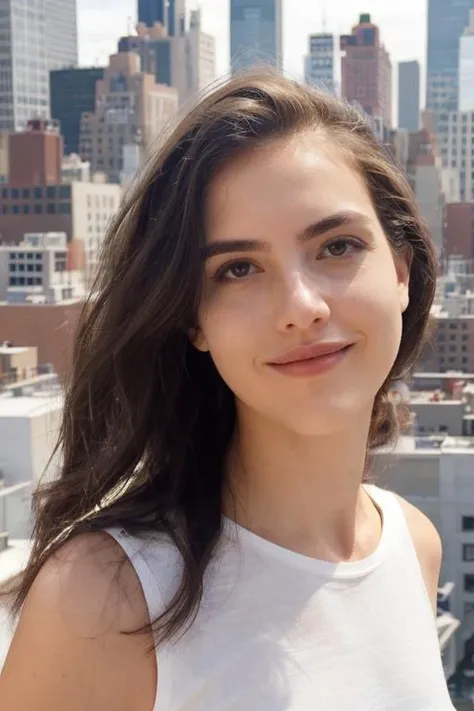 alexbotez, raw photograph, portrait, upper body, a woman wearing a plain white oversized tshirt, view above new york, rooftop, glowing hair, sharp lighting, front, <lora:alexbotez_v1_sd1.5_andyxn:0.50>
