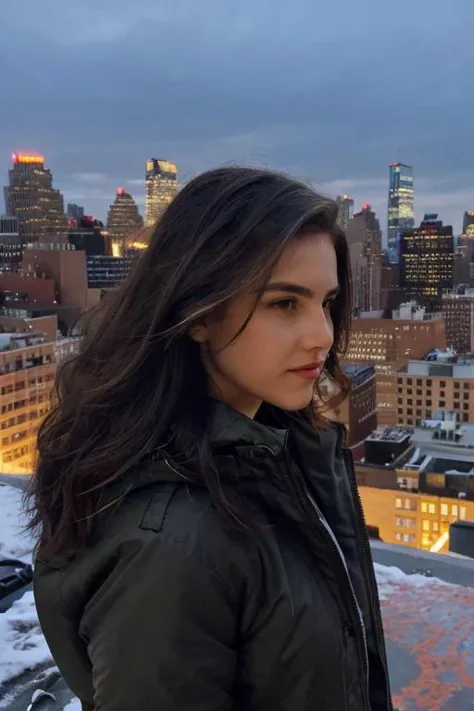 alexbotez, raw photograph, portrait, upper body, a woman wearing a winter jacket, view above new york, rooftop, glowing hair, sharp lighting, profile, <lora:alexbotez_v1_sd1.5_andyxn:0.50>