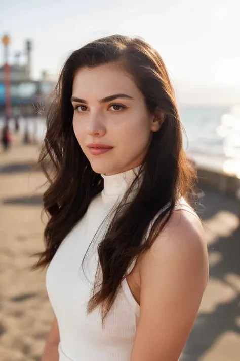 alexbotez, raw photograph, portrait, upper body, a woman wearing a high neck formal dress, santa monica pier, glowing hair, sharp lighting,, three-quarter view, <lora:alexbotez_v1_sd1.5_andyxn:0.50>