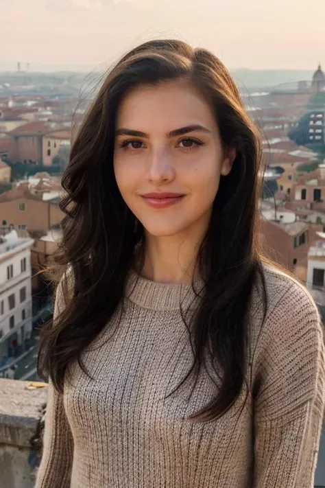 alexbotez, raw photograph, portrait, upper body, a woman wearing a sweater, view above rome, italy, glowing hair, sharp lighting, front, <lora:alexbotez_v1_sd1.5_andyxn:0.50>