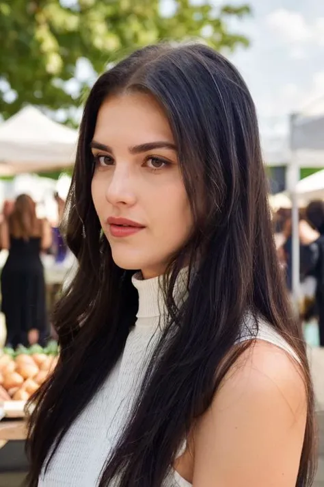 alexbotez, raw photograph, portrait, upper body, a woman wearing a high neck formal dress, outdoors farmers market, glowing hair, sharp lighting,, three-quarter view, <lora:alexbotez_v1_sd1.5_andyxn:0.50>
