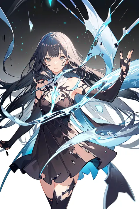 highly detailed, (1 girl), solo, black hair, long hair, white eyes, detailed eyes, black dress, dynamic, lateral view, cowboy shot, dynamic angle, (ether:1.5), (landscape:1.2), (dissolving:1.2), (fading:1.35), (disintegration:1.5), transparent, grey sky, [wings:(dimensional space):0.35], (broken glass:1.2), reclaimer of my name, The End