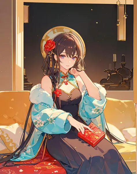 1girl,solo,masterpiece,high quality,highres,dress,messy hair,long hair,print_cheongsam,jewelry,necklace,hair_ribbon,hair_flower,