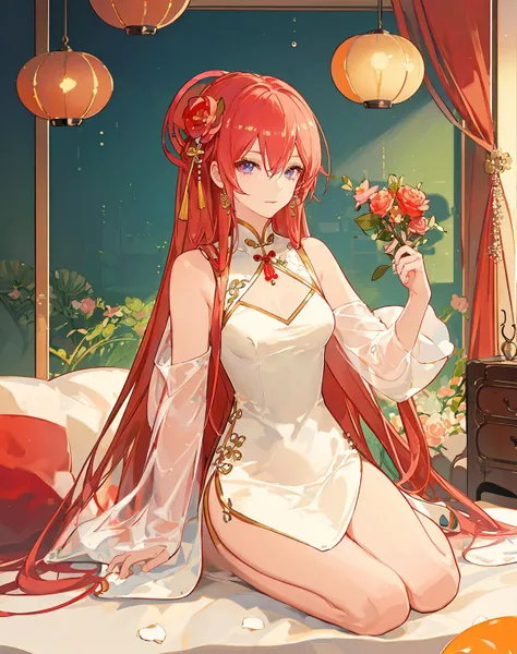 1girl,solo,masterpiece,high quality,highres,dress,messy hair,long hair,print_cheongsam,jewelry,necklace,hair_ribbon,hair_flower,