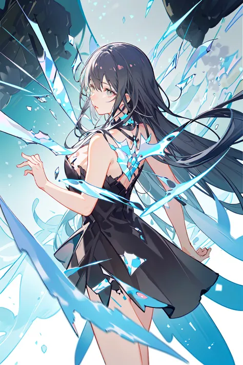 highly detailed, (1 girl), solo, black hair, long hair, white eyes, detailed eyes, black dress, dynamic, lateral view, cowboy shot, dynamic angle, (ether:1.5), (landscape:1.2), (dissolving:1.2), (fading:1.35), (disintegration:1.5), transparent, grey sky, [wings:(dimensional space):0.35], (broken glass:1.2), reclaimer of my name, The End