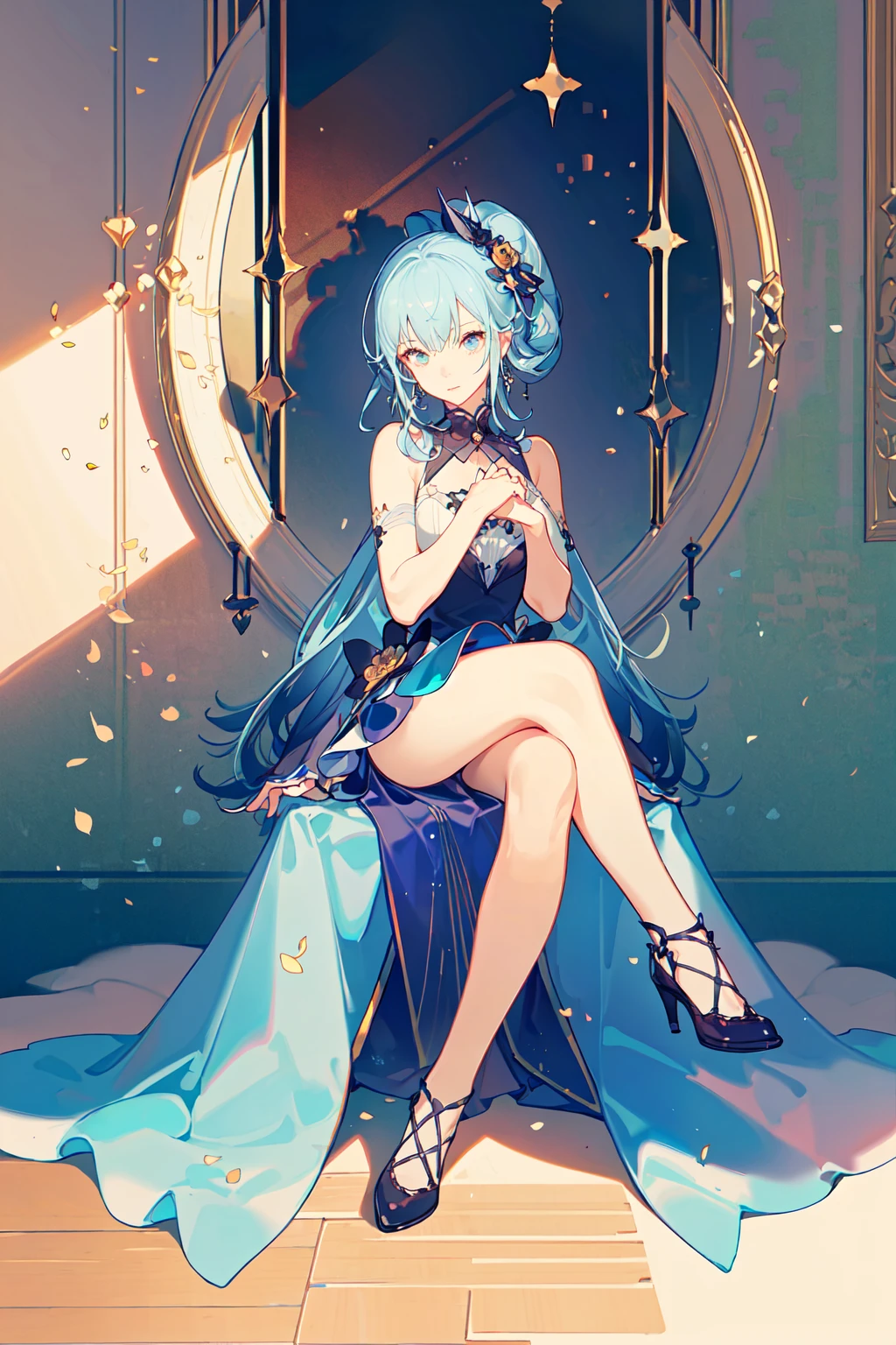 masterpiece, 1girl, solo, beautiful detailed face, sitting, crossed legs, full body, soft lighting,