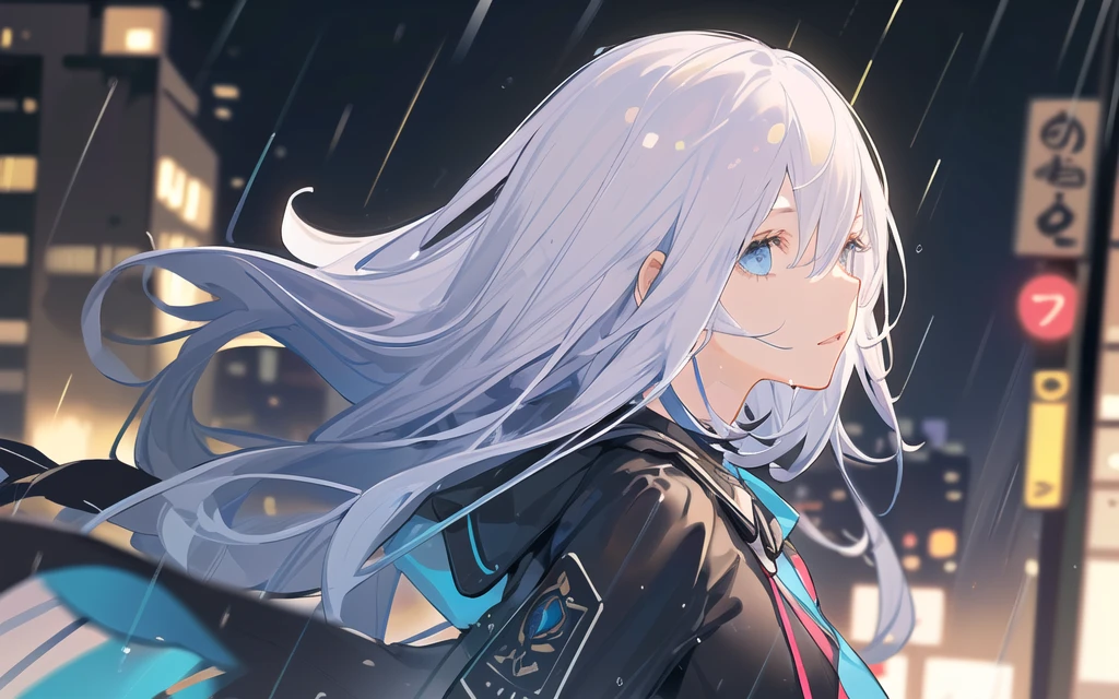(masterpiece:1.21), (best quality:1.331), ((ultra-detailed)), ((extremely best illustration)), ((amazing)), (hyper quality), Gorgeous and rich graphics,
(extremely delicate and beautiful:1.21), 8k, wallpaper, (extremely beautiful lighting), hard light, delicate composition, (perfect conposition), (extremely beautiful and detailed background:1.21), rembrandt style expression of light and shadow, dark tone, (low-key and high-variance colorscale), ((depth of field)), deep shadow,
dynamic angle, from side, upper body, radial blur,
rain, (city lights, blurry background),
(1girl),(beautiful detailed eyes), clear blue eyes, long and silver french braid hair,
fatigues,
transparent raincoat, wet clothes and wet skin and dripping wet hair,
lens flare, string lights, street,
