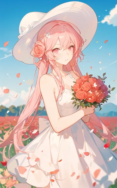 ((masterpiece, best quality)), 1girl, flower, solo, dress, holding, sky, cloud, hat, outdoors, bangs, bouquet, rose, expressionless, blush, pink hair, flower field, red flower, pink eyes, white dress, looking at viewer, midium hair, holding flower, small breasts, red rose, holding bouquet, sun hat, white headwear, depth of field,