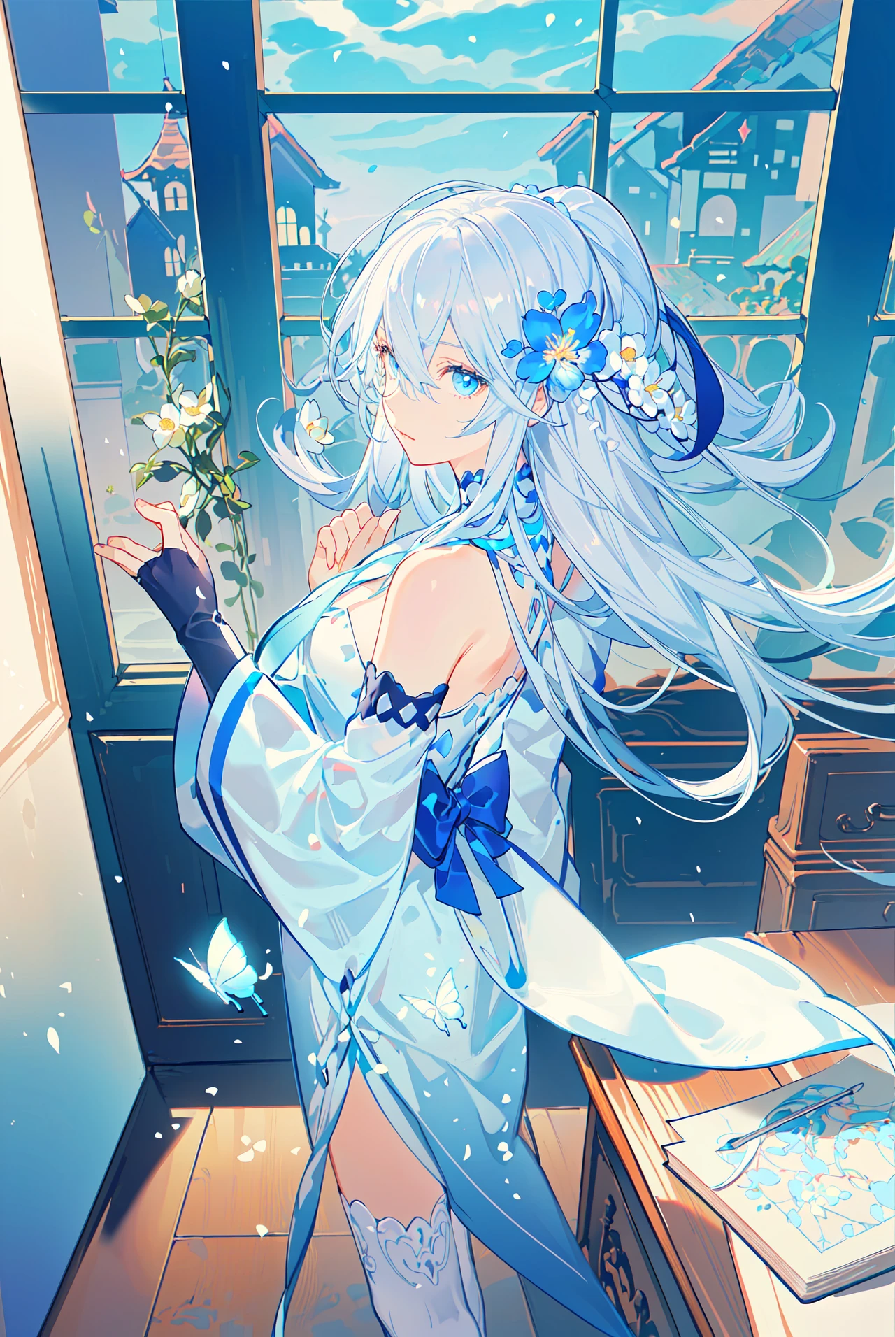 (Overhead view),dynamic angle,ultra-detailed, illustration, close-up, straight on, 1girl, (fantasy:1.4), (azure blue eyes:1.233),Her eyes shone like dreamy stars,(glowing eyes:1.233),(beautiful and detailed eyes:1.1),(Silver hair:1.14),(messy hair,very long hair,french braid,hair between eyes,sidelocks), (+(bule hair flower:1.14)),(chiffon dress,bule flower pattern in uniform)/=(military uniform:1.24),(detached sleeves,wide sleeves),(fingerless gloves),choker,(miko thighhighs),High heeled boots,(expressionless,closed mouth),(standing), (classical Princess boudoir with dressing table<books> and french window<a epic view outside the window> in a white ancient palaces),(white flowers,bloom),(abysmal sea),(flowing water),(a dull blue world tree:1.14),(ruins),(night:1.2),dreamy,soul,(fluorescence),(flying translucent blue butterflies:1.15), [[delicate fingers and hands:0.55]::0.85],(detail fingers),(yubao:0.5),upper body,