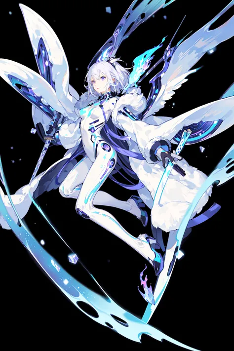 (full body:0.8),(official art), extremely delicate and beautiful, depth of field, solo, a beautiful detailed girl, solo,girl,white hair,(white (fur-trimmed coat:1.2)),(blue fire:1.3), (flame wings:1.3), (white tech bodysuit:1.2 ), (purple eyes:1.3),long hair,depth of field,white backround,(holding sword), clevage,(dynamic pose), (short hair),starry sky, (cyberpunk:1.2),floating crystal, (strappy heels, )